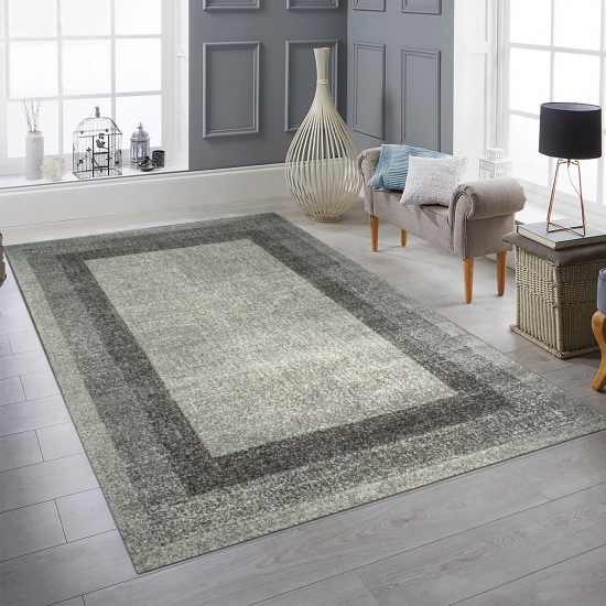 Designer Wohnzimmer Teppich Modern kurzflor vintage seitlich gekettelt in grau creme
