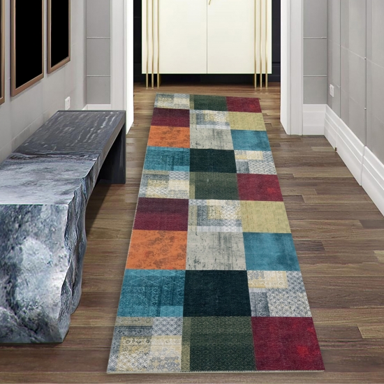 Preview: Multicolor Teppich eleganter moderner Stil mit Quadraten dezent gemustert orange blau