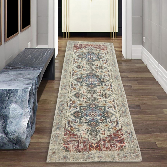 Preview: Modern klassischer Teppich mit orientalischen Verzierungen & Ornamenten in creme rot orange