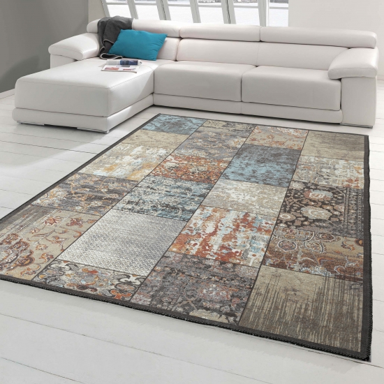 Moderner Teppich eleganter Stil mit Quadraten orientalisch gemustert braun grau orange mehrfarbig