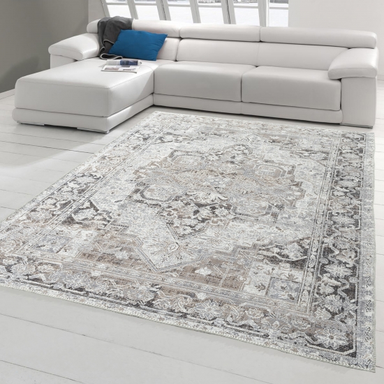 Klassischer Teppich mit orientalischen Verzierungen & Ornamenten in creme grau