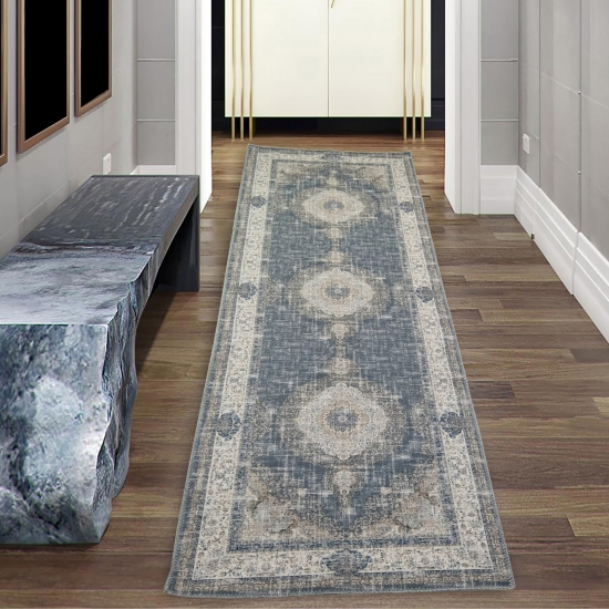 Preview: Klassischer Teppich mit Blumen Ornamenten & Pflanzen Verzierungen in grau beige blau