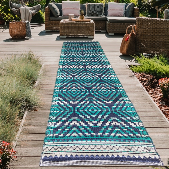 Strapazierfähiger Azteken-Teppich für Outdoor in türkis blau
