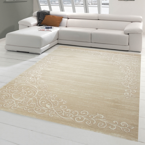 Moderner Teppich - 120x160 cm - Orientteppich mit Glitzergarn Wohnzimmerteppich mit Floral Muster Meliert in Beige Creme