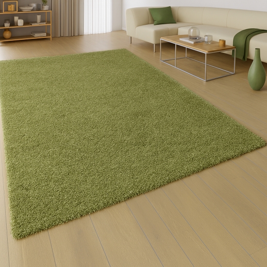Shaggy Teppich in Grün für Wohnzimmer und Schlafzimmer – moderner Hochflor Teppich besonders weich und stilvoll