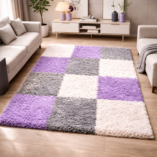 Shaggy Teppich Mehrfarbig Flieder Grau Creme für Wohnzimmer und Schlafzimmer – moderner Hochflor Teppich weich und stilvoll