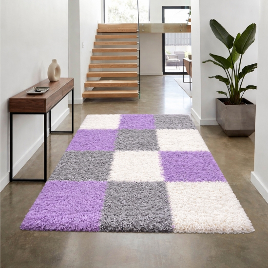 Preview: Shaggy Teppich Mehrfarbig Flieder Grau Creme für Wohnzimmer und Schlafzimmer – moderner Hochflor Teppich weich und stilvoll