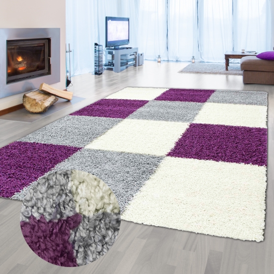 Shaggy Teppich Hochflor Wohnzimmer Karomuster lila grau creme