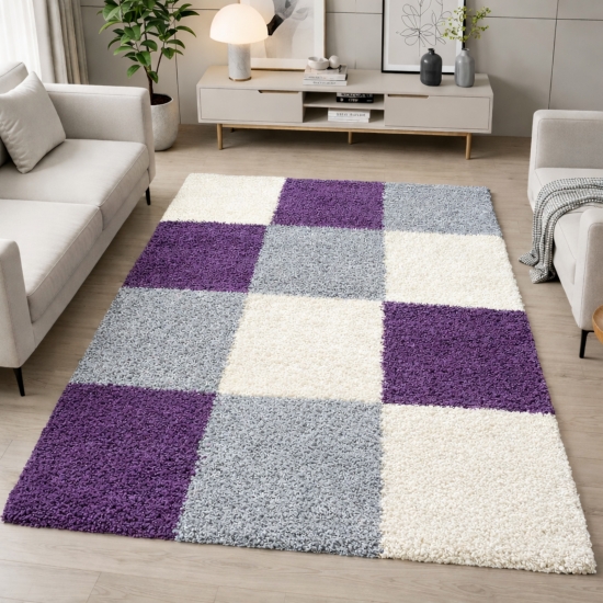 Shaggy Teppich Mehrfarbig Lila Grau Creme für Wohnzimmer Schlafzimmer – moderner Hochflor Teppich weich flauschig stilvoll langlebig pflegeleicht