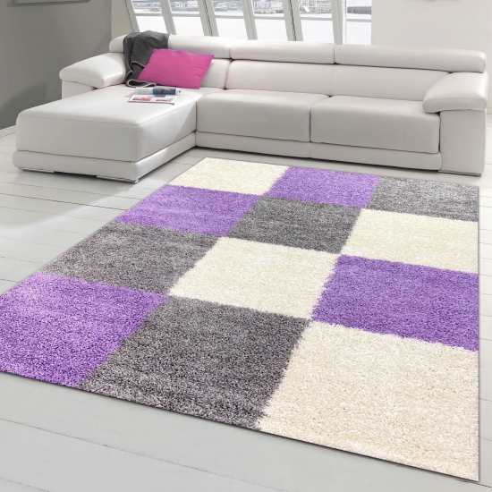 Shaggy Teppich Hochflor Teppich Gemustert in Karo Design Flieder Grau Creme