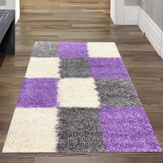 Preview: Shaggy Teppich Hochflor Teppich Gemustert in Karo Design Flieder Grau Creme Preview: Shaggy Teppich Hochflor Teppich Gemustert in Karo Design Flieder Grau Creme