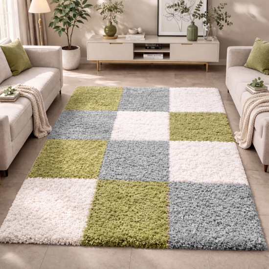 Shaggy Teppich Mehrfarbig Grün Grau Creme für Wohnzimmer und Schlafzimmer – moderner Hochflor Teppich weich und stilvoll