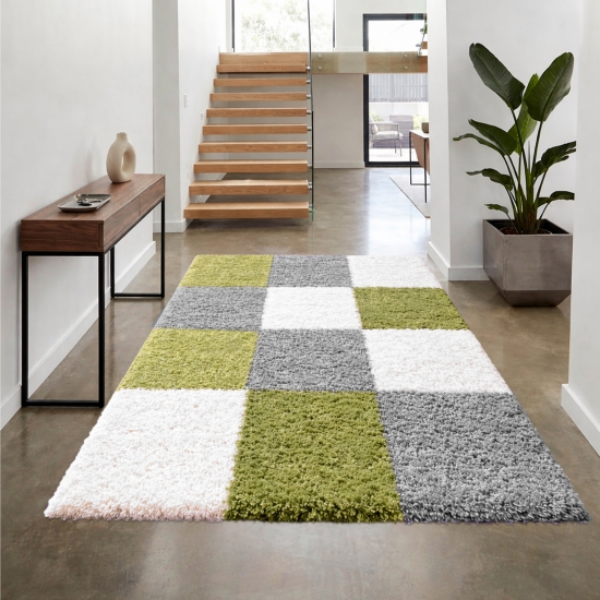 Preview: Shaggy Teppich Mehrfarbig Grün Grau Creme für Wohnzimmer und Schlafzimmer – moderner Hochflor Teppich weich und stilvoll