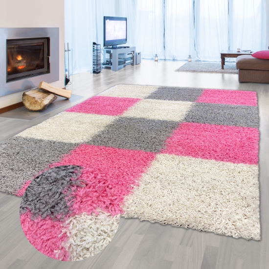 Shaggy Teppich Hochflor Wohnzimmer Karomuster rosa grau creme