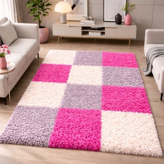 Shaggy Teppich Mehrfarbig Rosa Grau Creme für Wohnzimmer und Schlafzimmer – moderner Hochflor Teppich weich und stilvoll