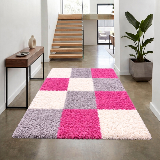 Preview: Shaggy Teppich Mehrfarbig Rosa Grau Creme für Wohnzimmer und Schlafzimmer – moderner Hochflor Teppich weich und stilvoll
