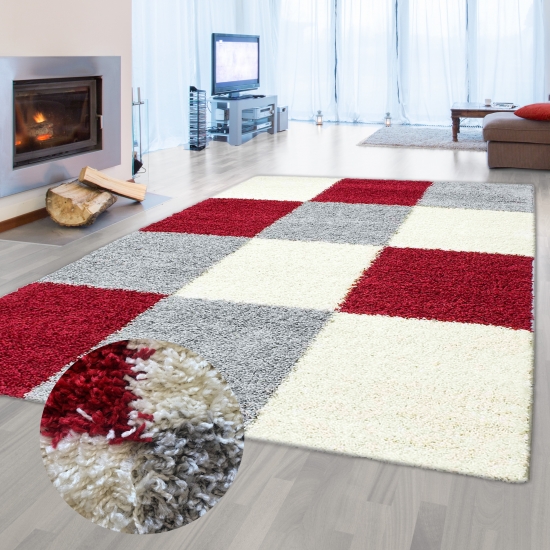 Shaggy Teppich Hochflor Wohnzimmer Karomuster rot grau creme