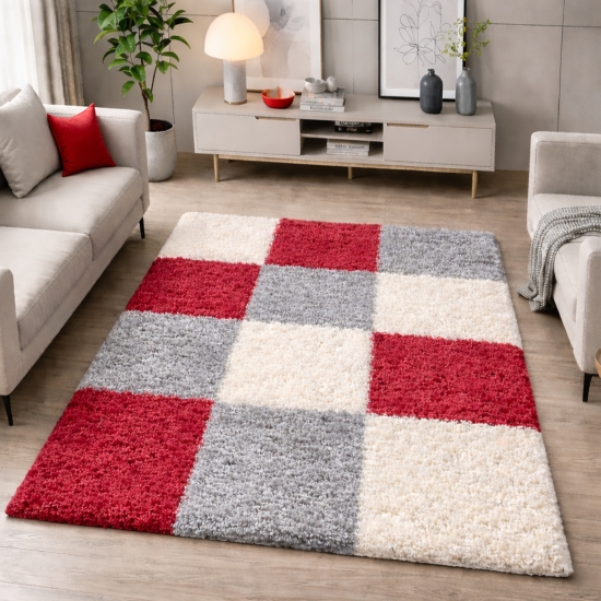 Shaggy Teppich Mehrfarbig Rot Grau Creme für Wohnzimmer und Schlafzimmer – moderner Hochflor Teppich weich und stilvoll