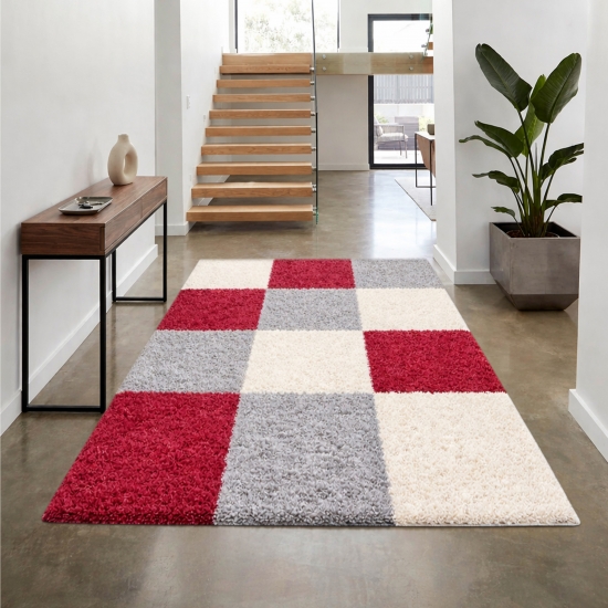 Preview: Shaggy Teppich Mehrfarbig Rot Grau Creme für Wohnzimmer und Schlafzimmer – moderner Hochflor Teppich weich und stilvoll