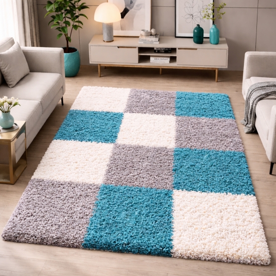Shaggy Teppich Mehrfarbig Türkis Grau Creme für Wohnzimmer und Schlafzimmer – moderner Hochflor Teppich weich und stilvoll