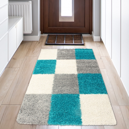 Preview: Shaggy Teppich Hochflor Langflor Teppich Wohnzimmer Kinderzimmer in Karo Design Türkis Grau Creme