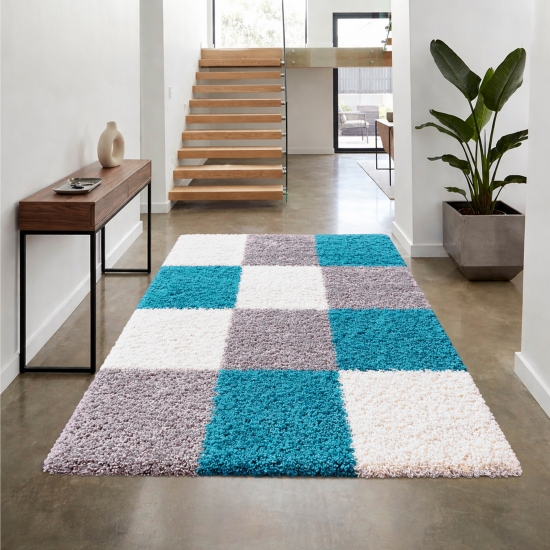 Preview: Shaggy Teppich Mehrfarbig Türkis Grau Creme für Wohnzimmer und Schlafzimmer – moderner Hochflor Teppich weich und stilvoll