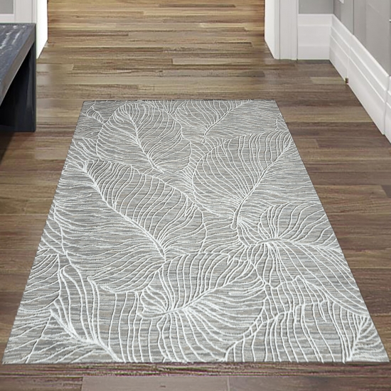Moderner Recycel Teppich • angenehm weich • Blätterdesign in grau