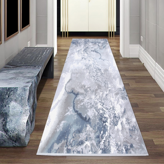 Wollteppich Marmorteppich Moderner Teppich Abstrakt in Grau Blau Creme