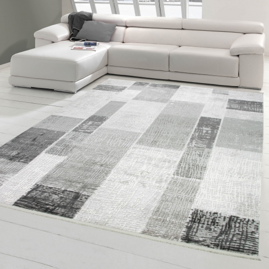 Designer Wohnzimmerteppich Wolle in Grau Creme