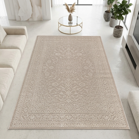 Recycling Teppich Taupe Ornament Design wohnlich Wohnzimmer