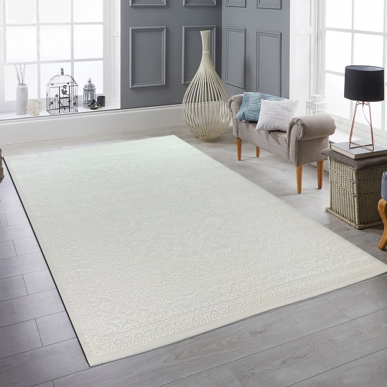 Eleganter Recycel Teppich mit Ornamentmuster zeitloses Design luxuriöse Optik pflegeleicht in Creme