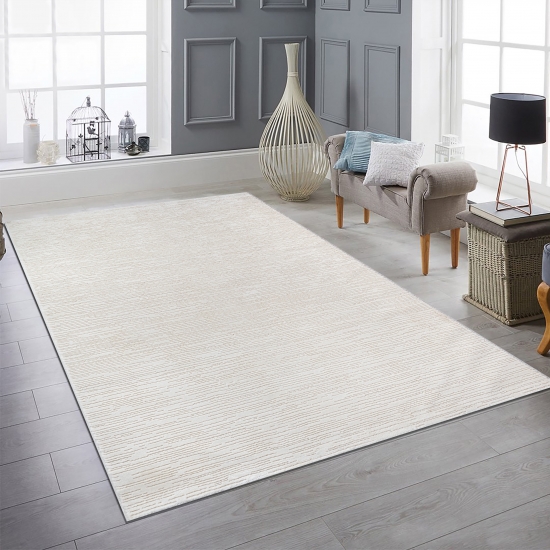 Moderner Teppich mit feiner Struktur und elegantem Liniendesign in Creme
