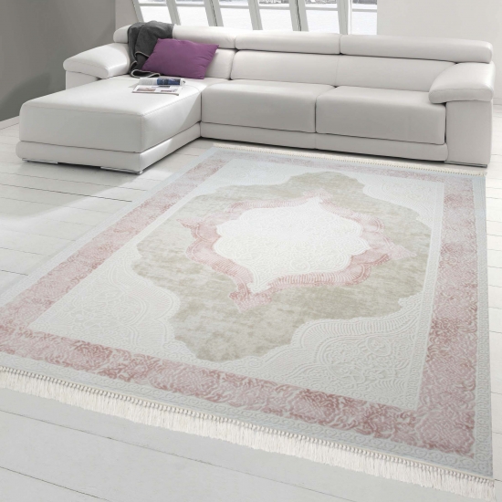 Designer und  Moderner Teppich Wollteppich mit Ornamenten in Pink Creme Beige - 160x230 cm oval