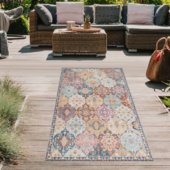 Preview: In- & Outdoor Orientteppich mit Ornamenten mehrfarbig