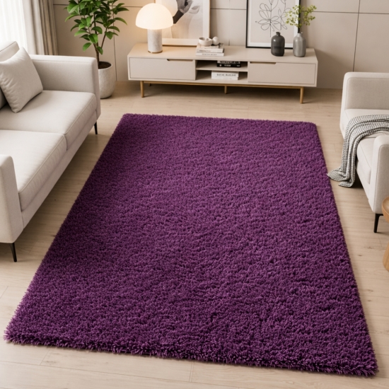 Shaggy Teppich in Lila für Wohnzimmer und Schlafzimmer – moderner Hochflor Teppich besonders weich und stilvoll