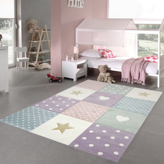 Kinderzimmer Teppich Spielteppich Herz Stern Punkte Design creme rosa blau
