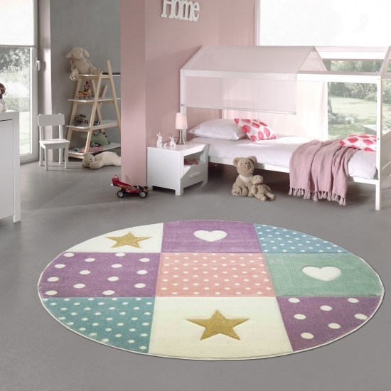 Kinderzimmer Teppich Spielteppich Herz Stern Punkte Design creme rosa blau