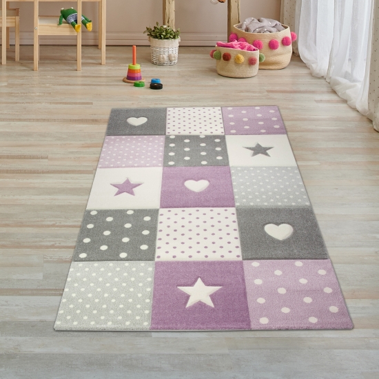 Kinderzimmer Teppich Spiel & Baby Teppich Herz Stern Punkte Design in lila grau creme