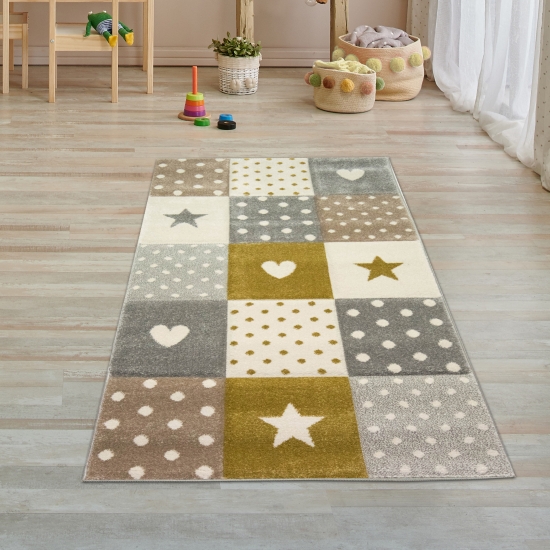 Kinderzimmer Teppich Spiel & Baby Teppich Herz Stern Punkte Design in gold creme weiß grau