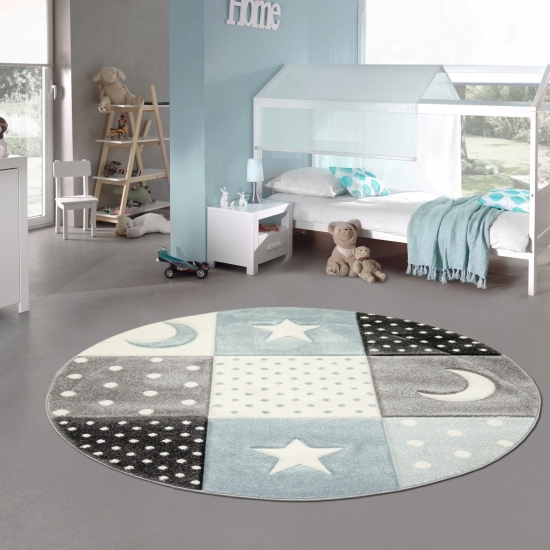 Kinderzimmer Teppich Spiel & Baby Teppich Punkte Sterne Mond Design in blau türkis grau creme