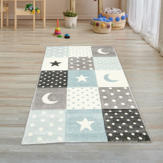 Kinderzimmer Teppich Spiel & Baby Teppich Punkte Sterne Mond Design in blau türkis grau creme