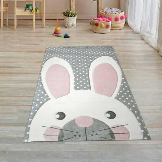 Kinderteppich Spielteppich Teppich Kinderzimmer Babyteppich Hase in Rosa Weiss Grau