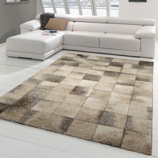 Wohnzimmer Teppich - 120x170 cm - Kurzflor Teppich Barock Design Meliert Karo Design in Braun Beige