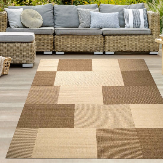 Teppich Modern Flachgewebe Kariert Sisal Optik Küchenteppich Küchenläufer Karo Design Braun Beige