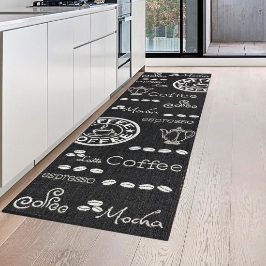 Küchenteppich Sisal moderner Küchenläufer flachgewebt Coffee Espresso Mocha Schwarz Weiss