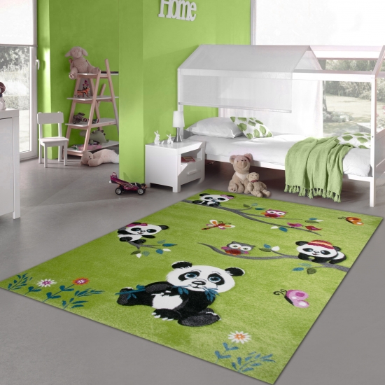 Kinderteppich Kinderzimmer Teppich Panda mit Eulen Schmetterlinge und Vögeln Grün Cream Pink Grau Bunt