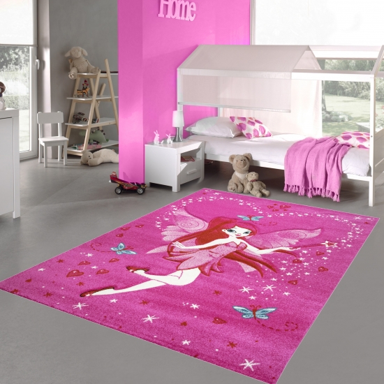 Kinderteppich Spielteppich Kinderzimmer Teppich Zauberfee mit Schmetterlinge Pink Creme Rot Türkis