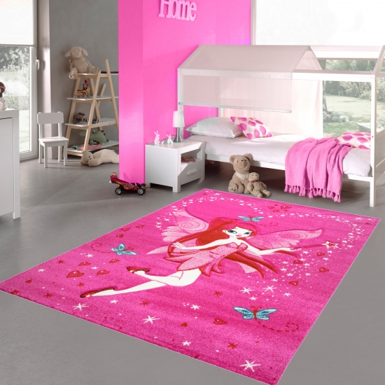 Kinderteppich Spielteppich Kinderzimmer Teppich Zauberfee mit Schmetterlinge Pink Creme Rot Türkis