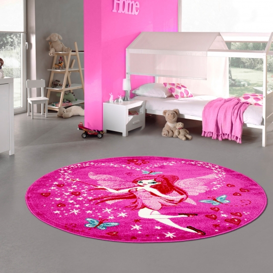 Kinderteppich Spielteppich Kinderzimmer Teppich Zauberfee mit Schmetterlinge Pink Creme Rot Türkis