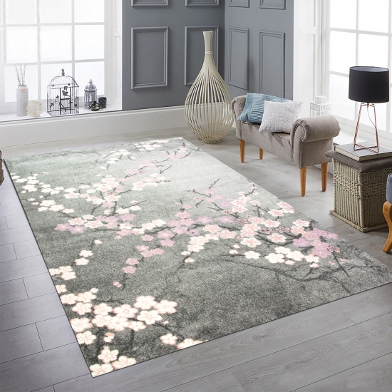 Teppich modern Wohnzimmer Teppich mit Blumenmotiv Pink Grau